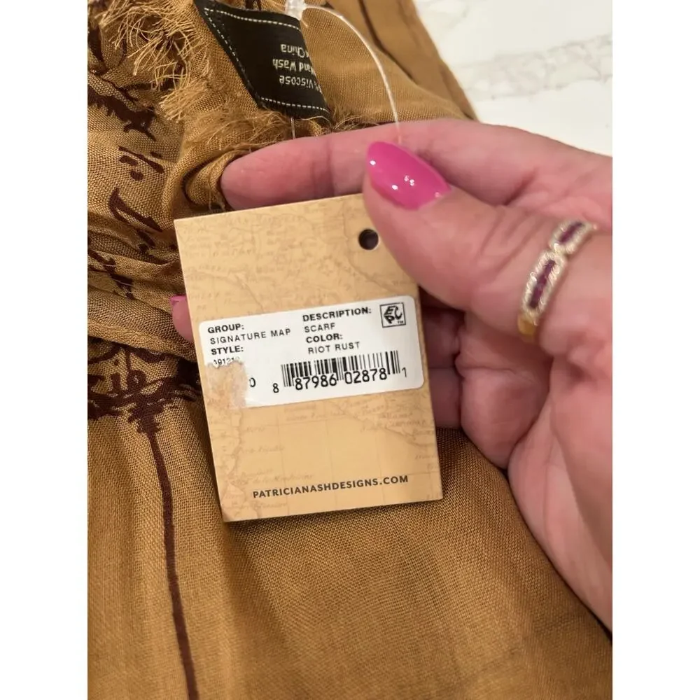NWT Patricia Nash Signature Map Print Brown Scarf Wrap Fringe Edges Lightweight